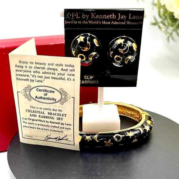 Kenneth Jay Lane KJL Black Enamel Constellation Bangle Bracelet Earrings Set - Picture 1 of 8
